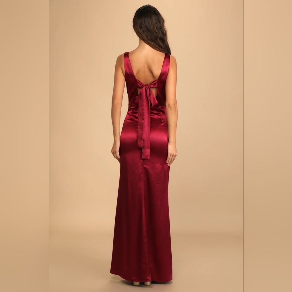 Lulu's Forever Special Burgundy Satin Sleeveless Tie-Back V-neck Maxi Dress- M - Picture 2 of 14
